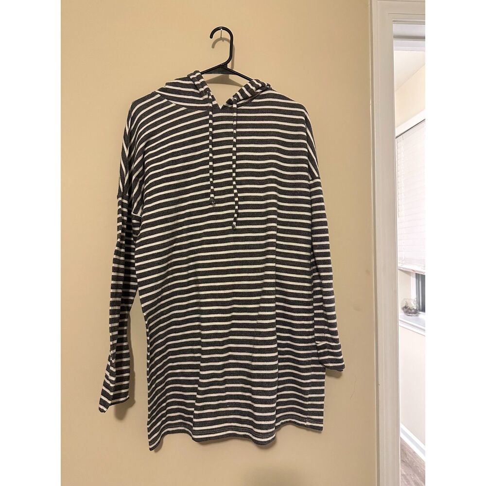 Beyond Yoga Charcoal Gray White Striped Hoodie Tunic Dress Large
